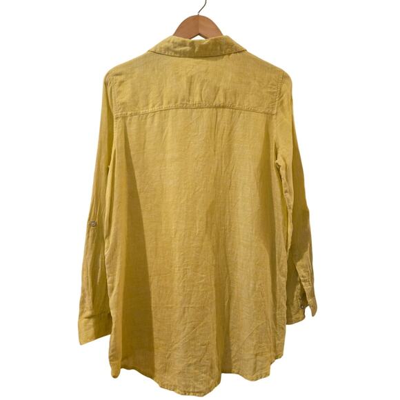Sigrid Olsen Linen Button Down Shirt Yellow Coastal Preppy Pocket Long Sleeve SM - Picture 5 of 9